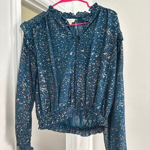 Blue Ruffled Relaxed Blouse with Full Sleeves